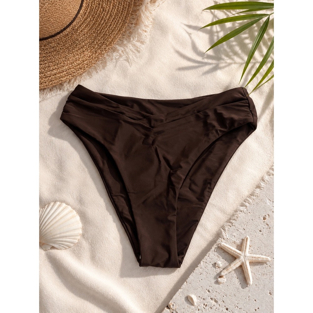 SUUKSESS Brown High Waisted Bikini Bottom Crossover V Cut Swim Brief Small NWT
